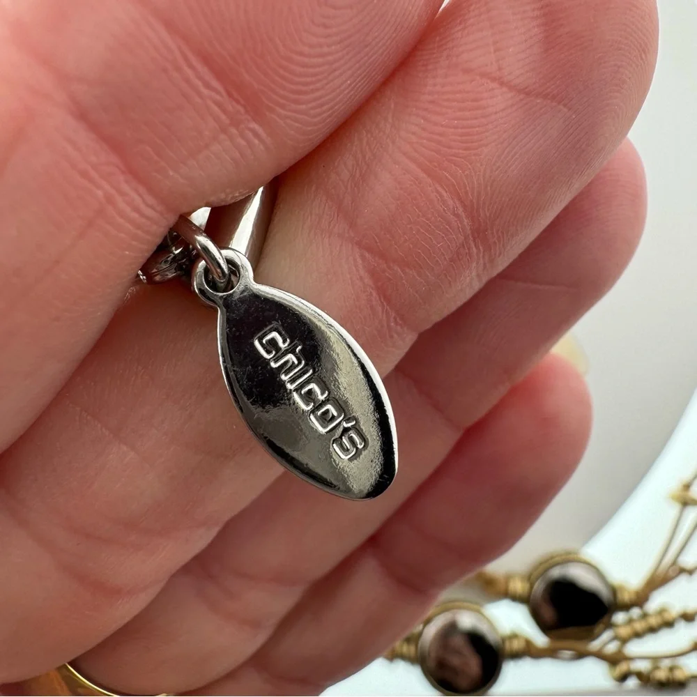 Chico's Tan and Gold Beaded Necklace on a Tan Leather Strap long EUC - Picture 6 of 10